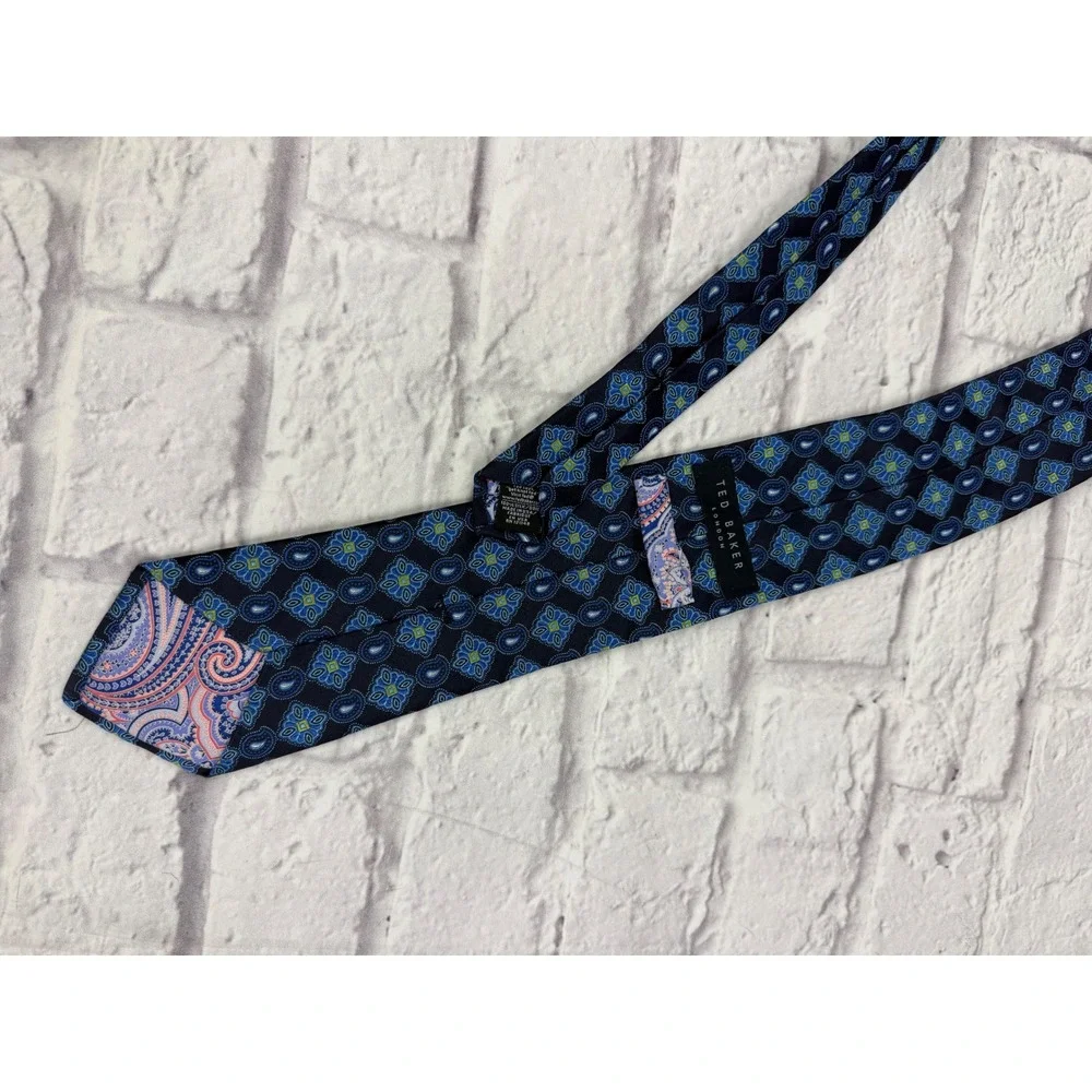 Ted Baker London Mens Silk Tie Blue Green Geometric Paisley Pattern Designer